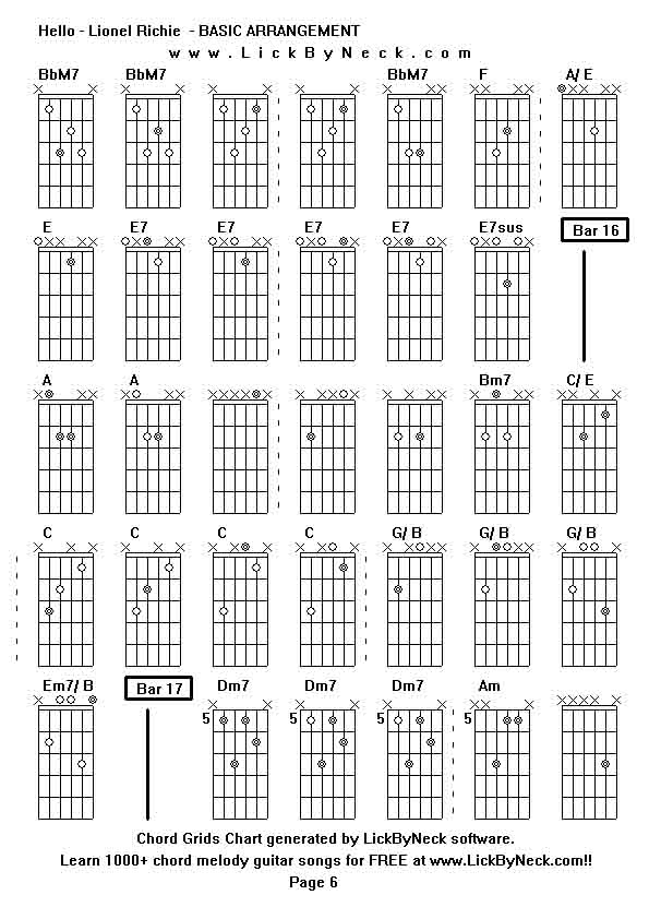 Chord Grids Chart of chord melody fingerstyle guitar song-Hello - Lionel Richie  - BASIC ARRANGEMENT,generated by LickByNeck software.